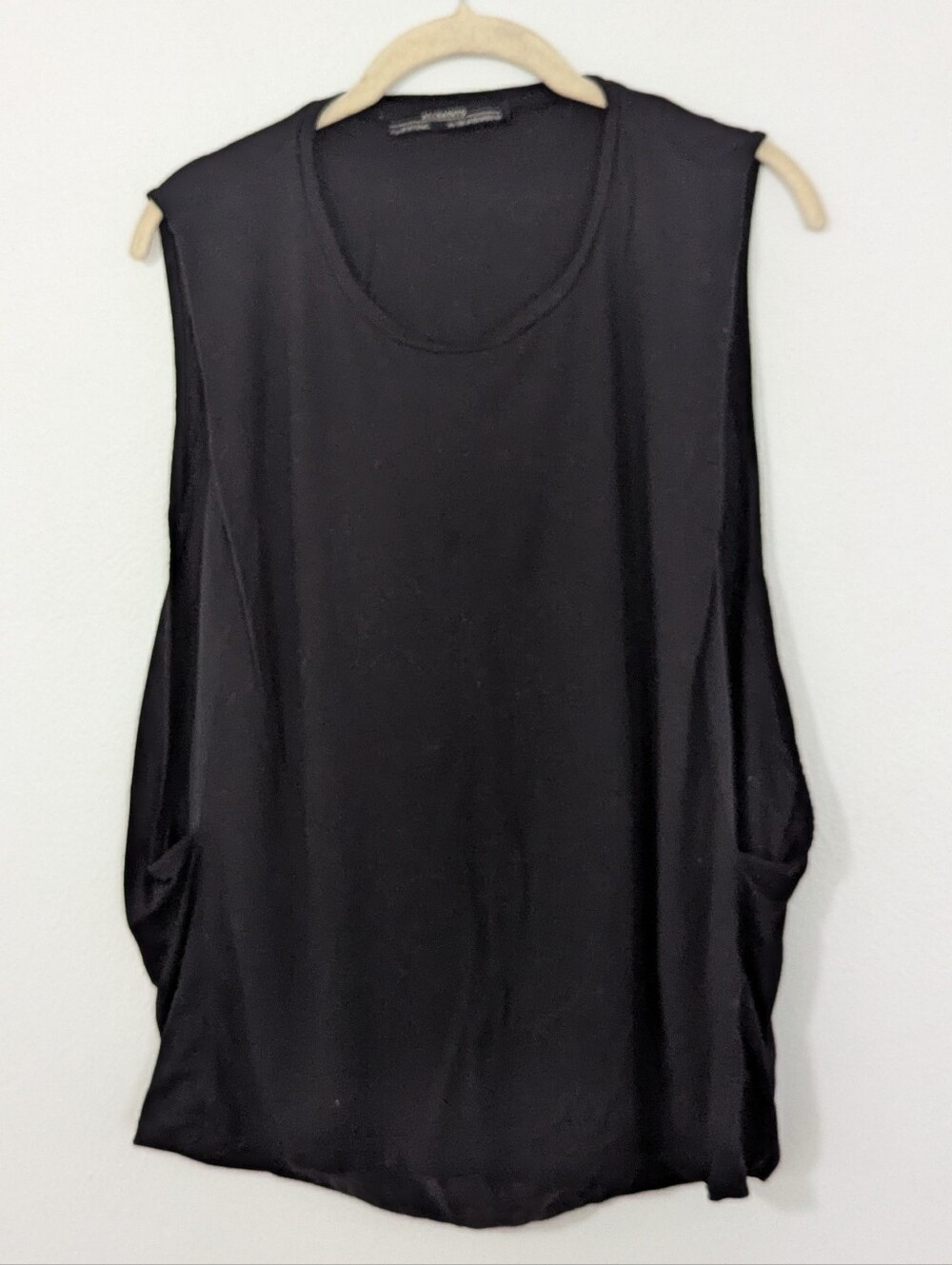 Allsaints Alvie Muscle Tank Top Mixed Media Layered Knit Silk Black US 10